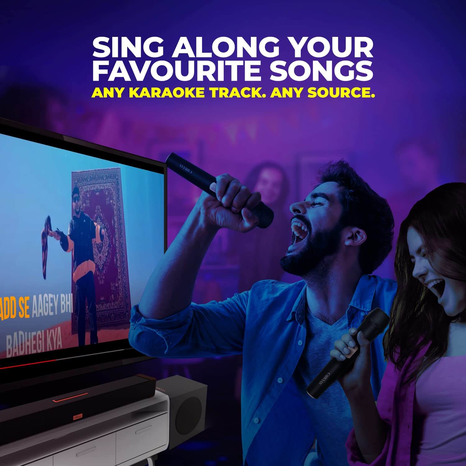 Saregama Carvaan Musicbar Karaoke CBWK121, 120W 2.1 Channel Soundbar, Karaoke Function to Sing Any Song FM/Bt, Wired Subwoofer - Mahajan Electronics Online