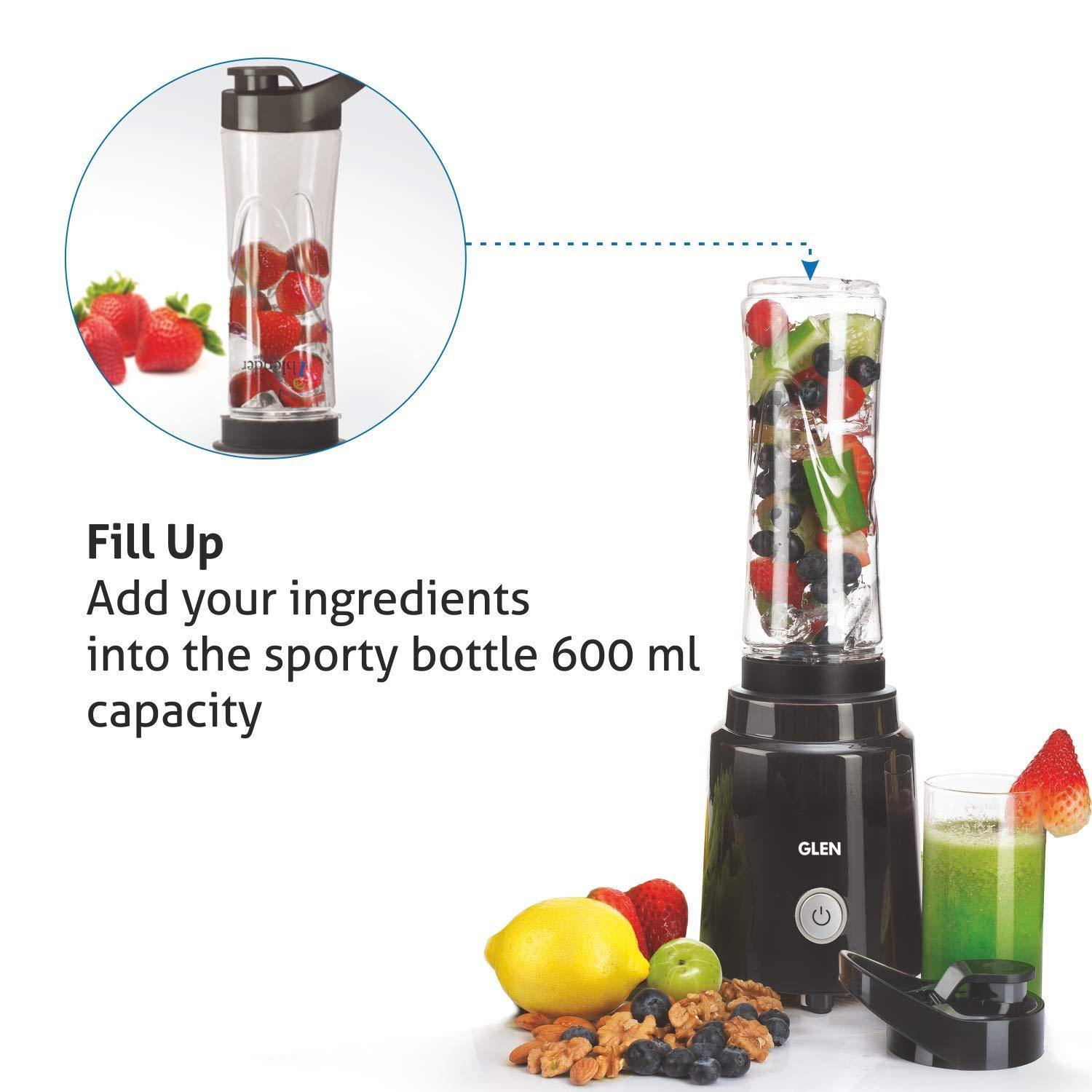 Glen SA 4047 Electric Blender | 200W Powerful Motor | 600ml BPA-Free Sporty Bottle | One-Touch Blending (Black)