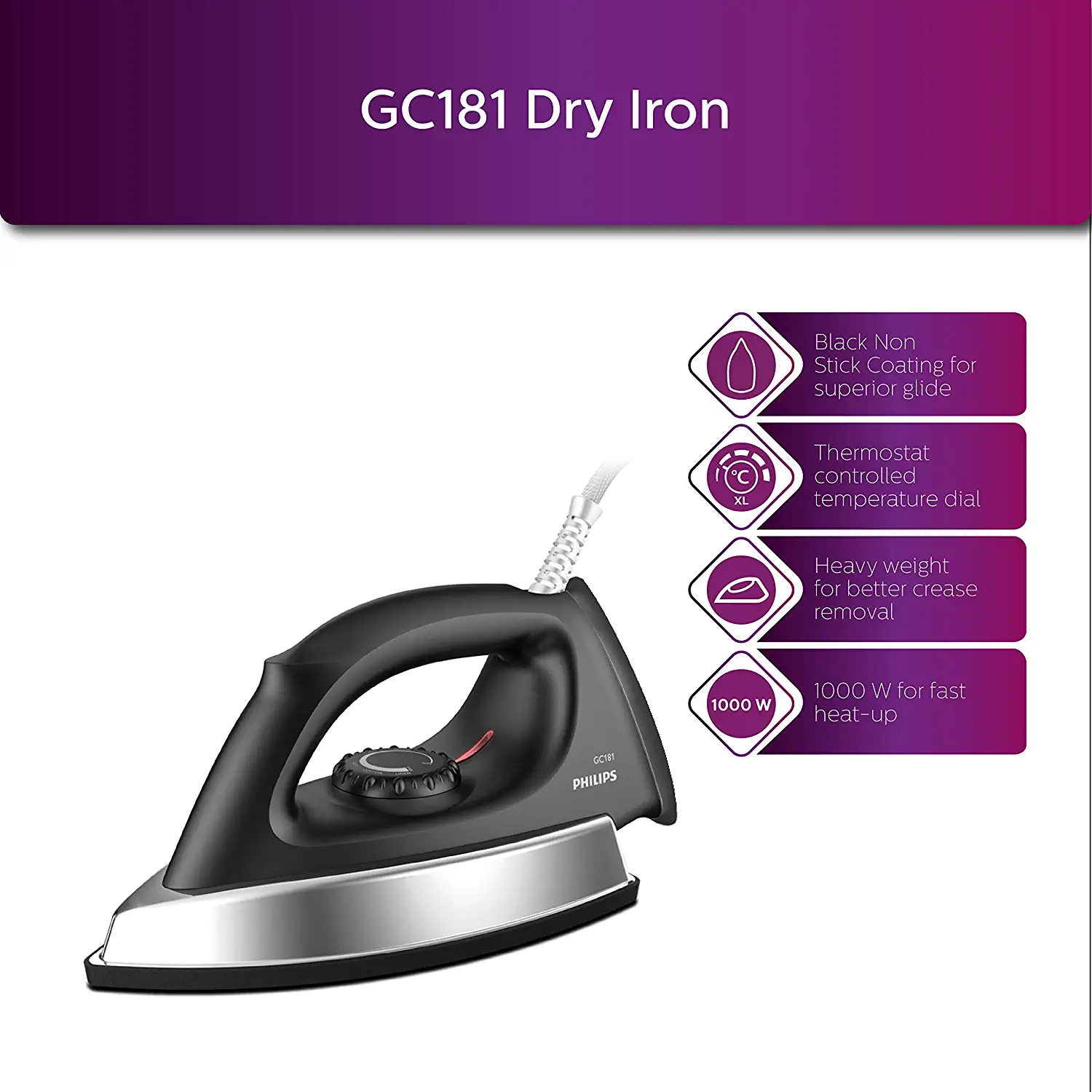 Philips GC181/80 Heavy Weight 1000-Watt Dry Iron - Mahajan Electronics Online