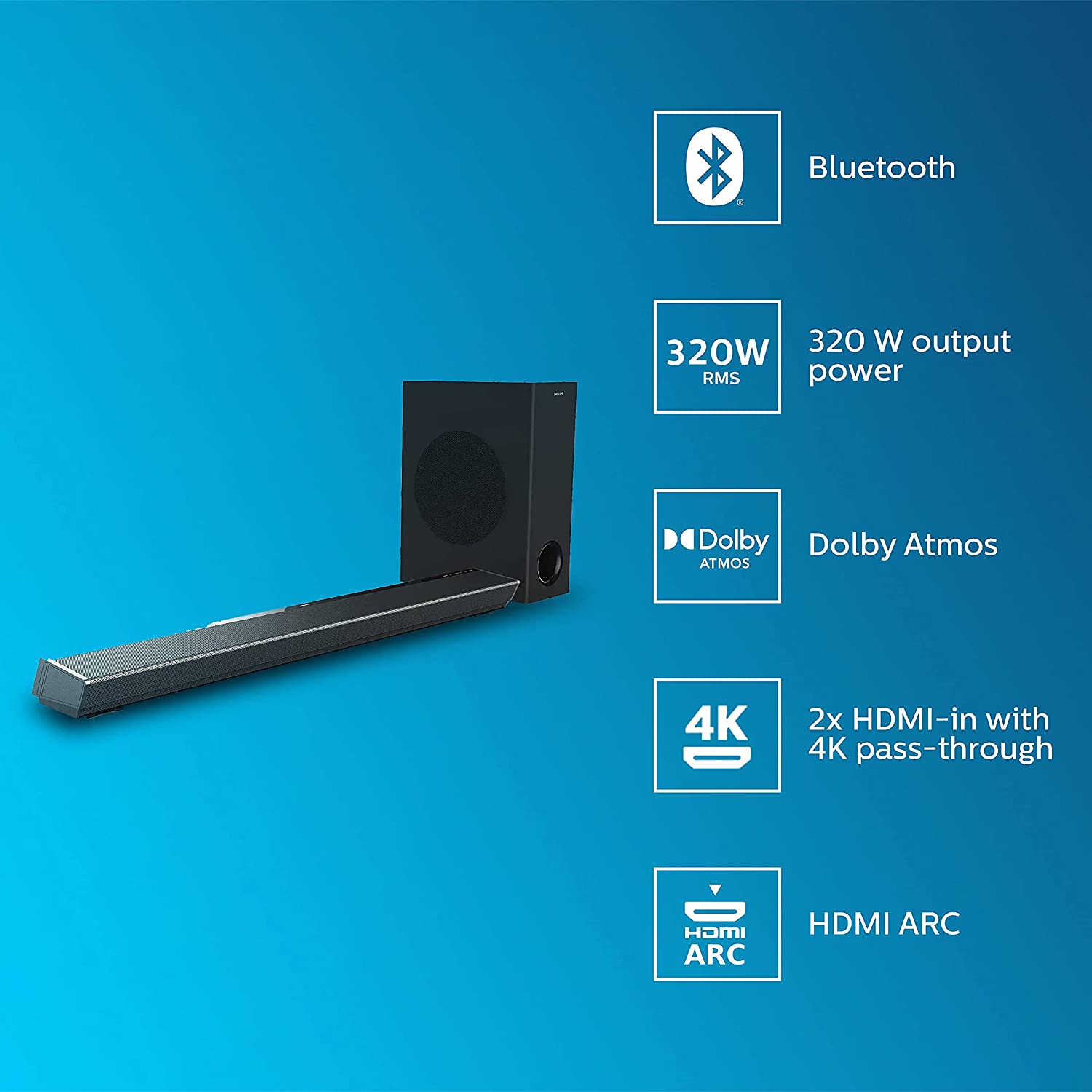 Philips Audio TAPB603 3.1CH 320W Dolby Atmos Soundbar with Wireless Subwoofer (Black) - Mahajan Electronics Online