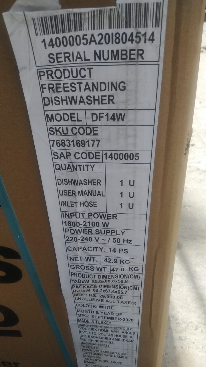 Voltas Beko DF14W 14 Places Setting Full Size Dishwasher (White)