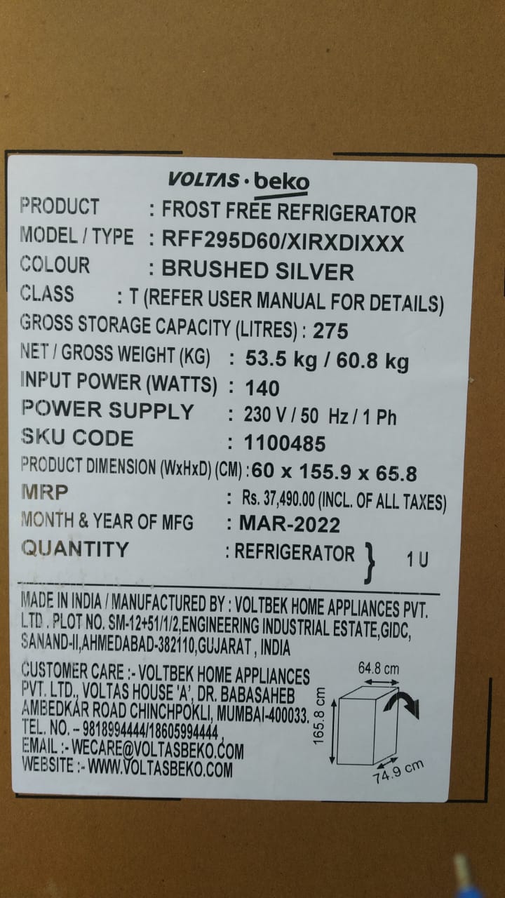 Elseページ Voltas Beko RFF295D60/XIRXDIXXX 275L 2 Star Frost Free Double Door Ref