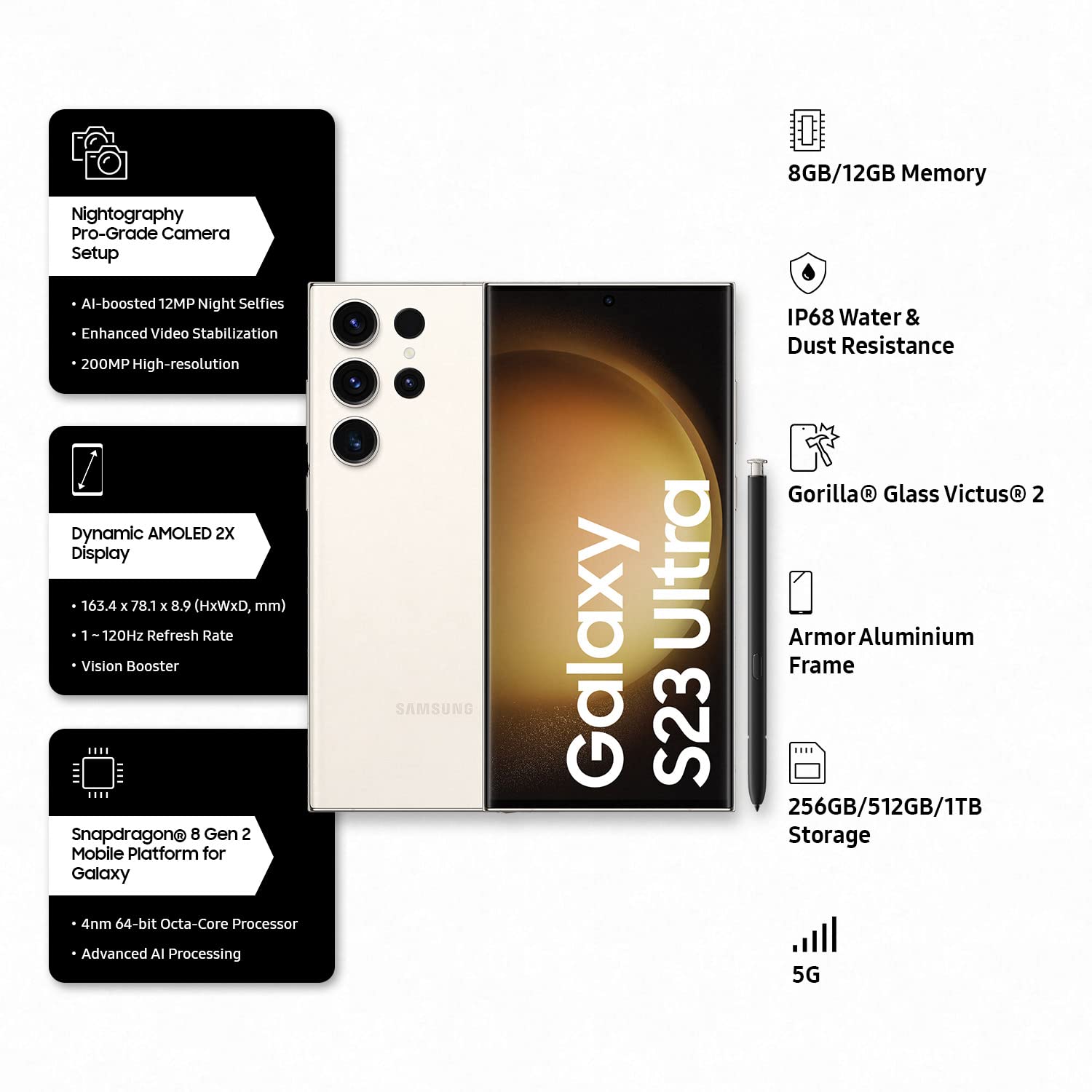 Samsung Galaxy S23 Ultra 5G (Cream, 12GB Ram, 256GB Storage) - Mahajan Electronics Online